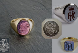 Monogram engravings in various styles in amethyst and layer agate. Monogram engravings in various styles in amethyst and layer agate.