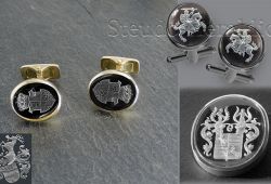 Manschettenknöpfe mit rückseitig gravierten Steinen ist eine besondere Form sein Wappen, Monogramm oder Logo zu tragen.