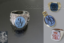 Verschiedene Stilarten graviert in Lagenonyx und Lagenkarneol.