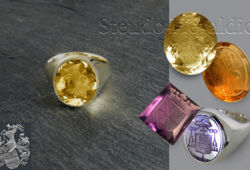 Citrine und Amethyste sind in verschiedenen Farbtönen erhältlich, graviert mit einem Wappen sind diese Steine seit Jahrhunderten sehr beliebte Wappenschmucksteine.