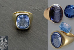 A signet ring set with a real sapphire is a special and exclusive way to wear your coat of arms. Due to the hardness of the stone, an engraving of the coat of arms is very time-consuming. A signet ring set with a real sapphire is a special and exclusive way to wear your coat of arms. Due to the hardness of the stone, an engraving of the coat of arms is very time-consuming.