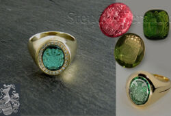 A signet ring set with a tourmaline and refined with a coat of arms engraving is a jewel of the extra class. A signet ring set with a tourmaline and refined with a coat of arms engraving is a jewel of the extra class.