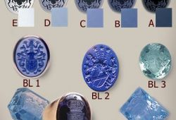 Lagenonyxsteine von hell bis dunkelblau.BL1 Lagenachat, BL2 Lapis, BL3 Aquamarin, BL4 und BL5 Safire, BL6 Blau-Topas