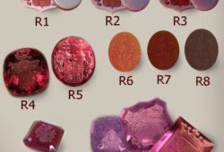 Lagenkarneolsteine von hell bis dunkelrot, R4 Rhodolit, R5 rosa Turmalin, R6-R8 Karneole, R9 Rubin, R10-R12 Amethyste