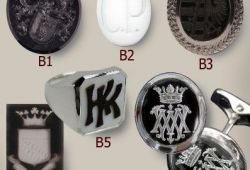 B1 Hämatit, B2 Weißachat, B3 Onyx, B4 und B5 Lagenstein (meskiert) B6 Bergkristall